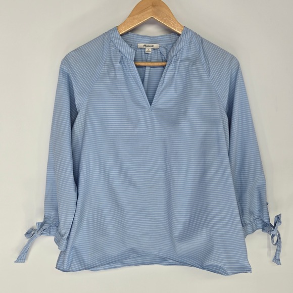 Madewell Tops - Madewell Striped Tie-Cuff Top Women S Blue White V-Neck‎ Poplin Blouse
